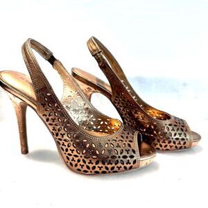 Audrey Brooke Womens Metallic Bronze Slingback Open Toe Heels Pump Floral Cutout